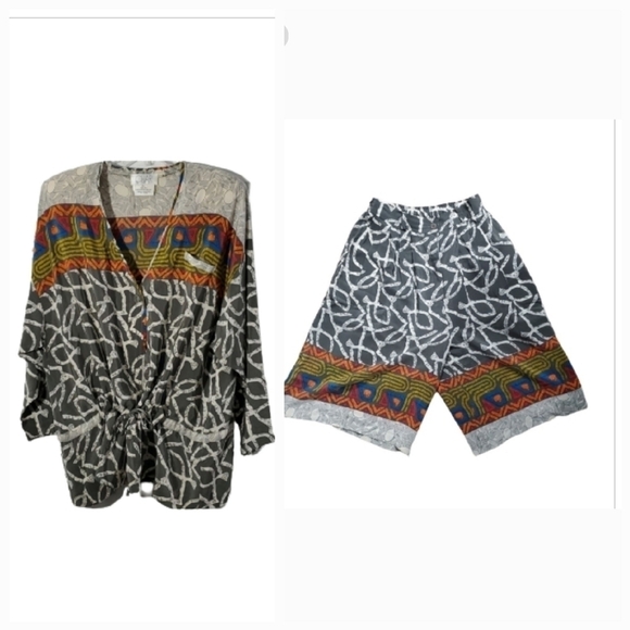 Vintage Shorts Set CHAR 100% Silk 2-Piece Button-front Drawstring Size 8 - Picture 1 of 16